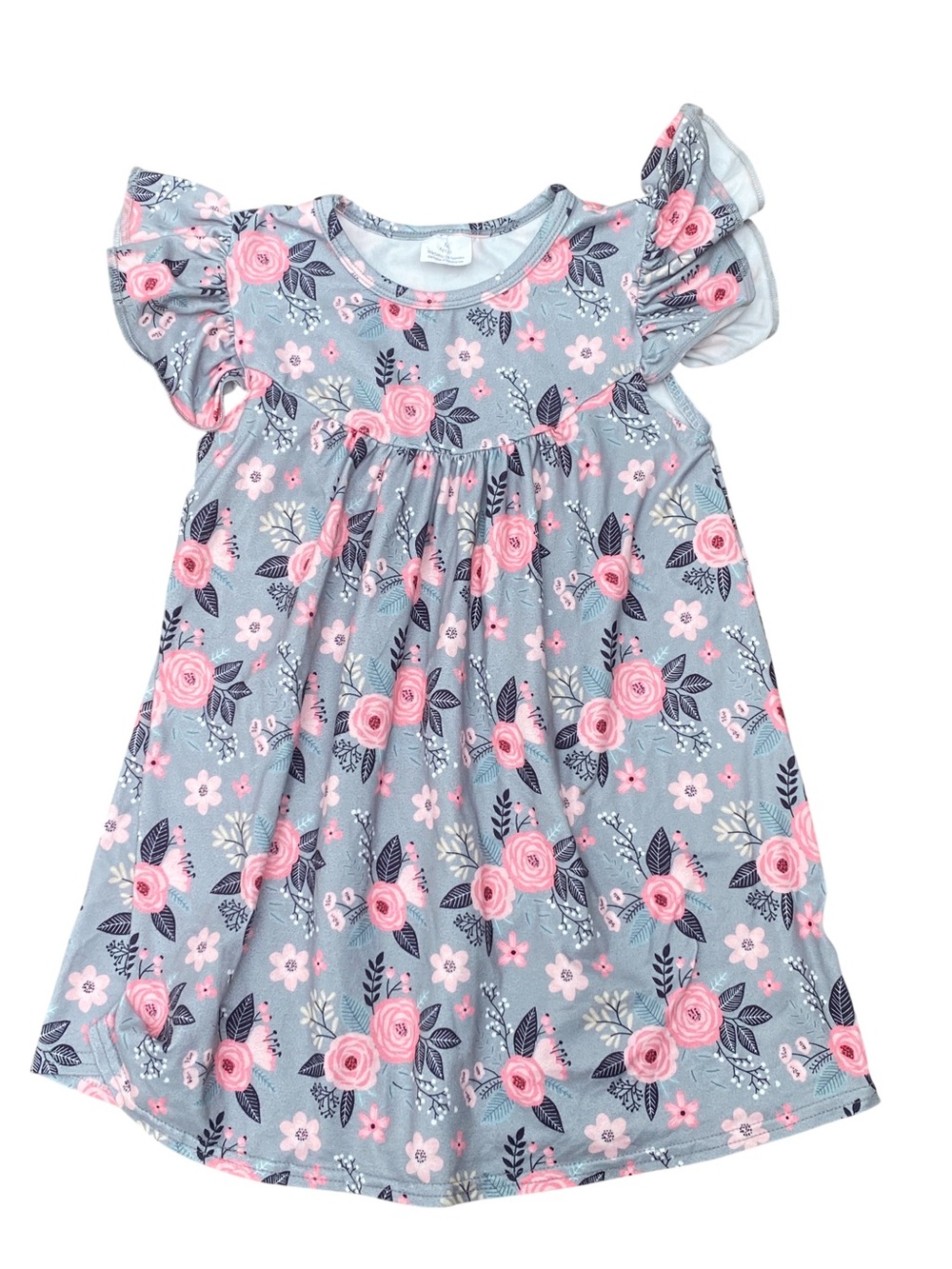 Girls Gray/Pink Floral Print Milk Silk Flutter Sleeve Boutique Dress Size M (3T)